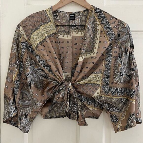 Boho Women's Beige Tie Front Crop‎ Silk Blouse sheer shirt - Picture 4 of 4
